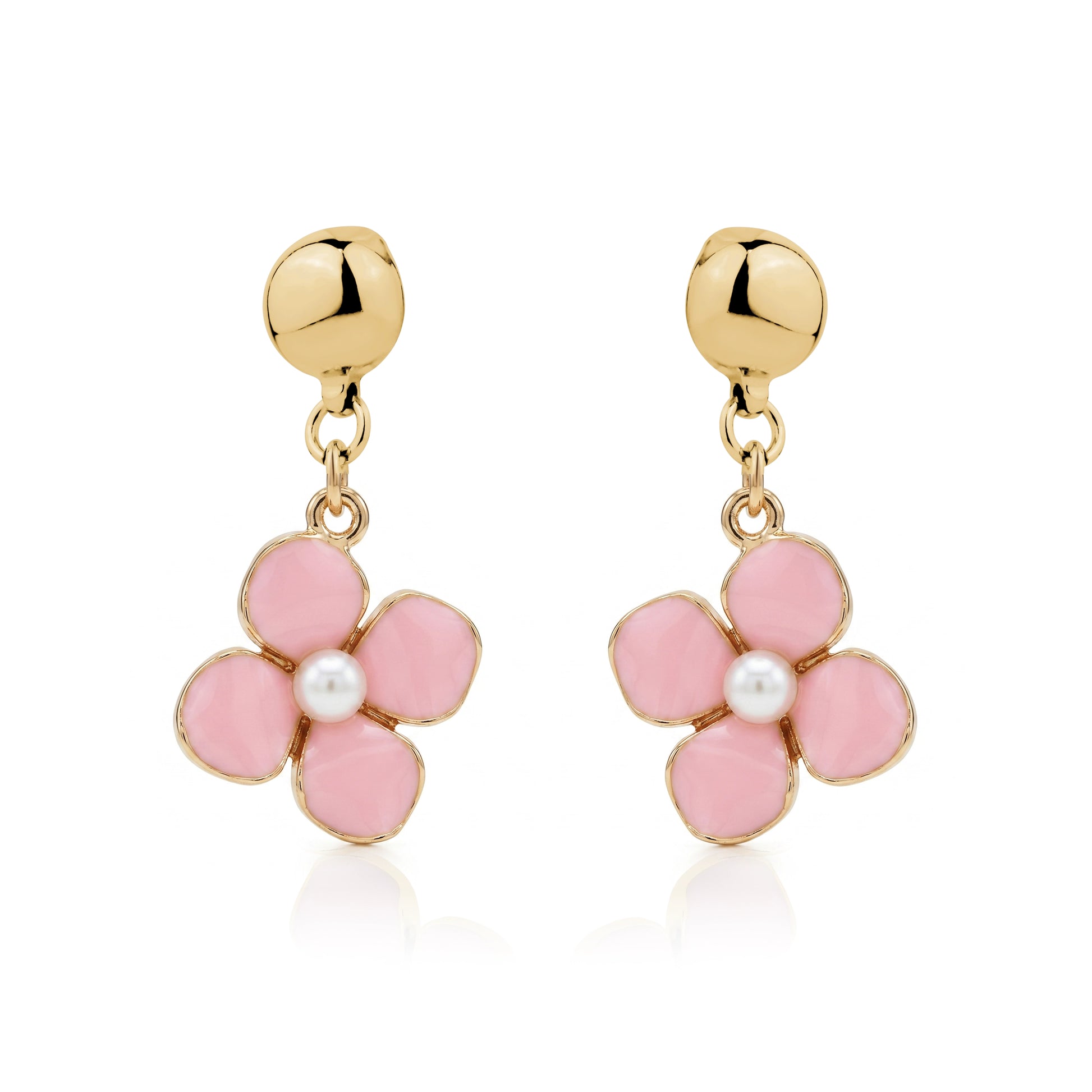 Pair of interchangeable titanium pink flower earrings with gold accents on a white background