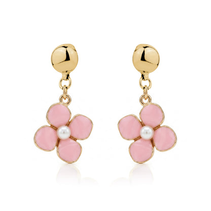 Pair of interchangeable titanium pink flower earrings with gold accents on a white background