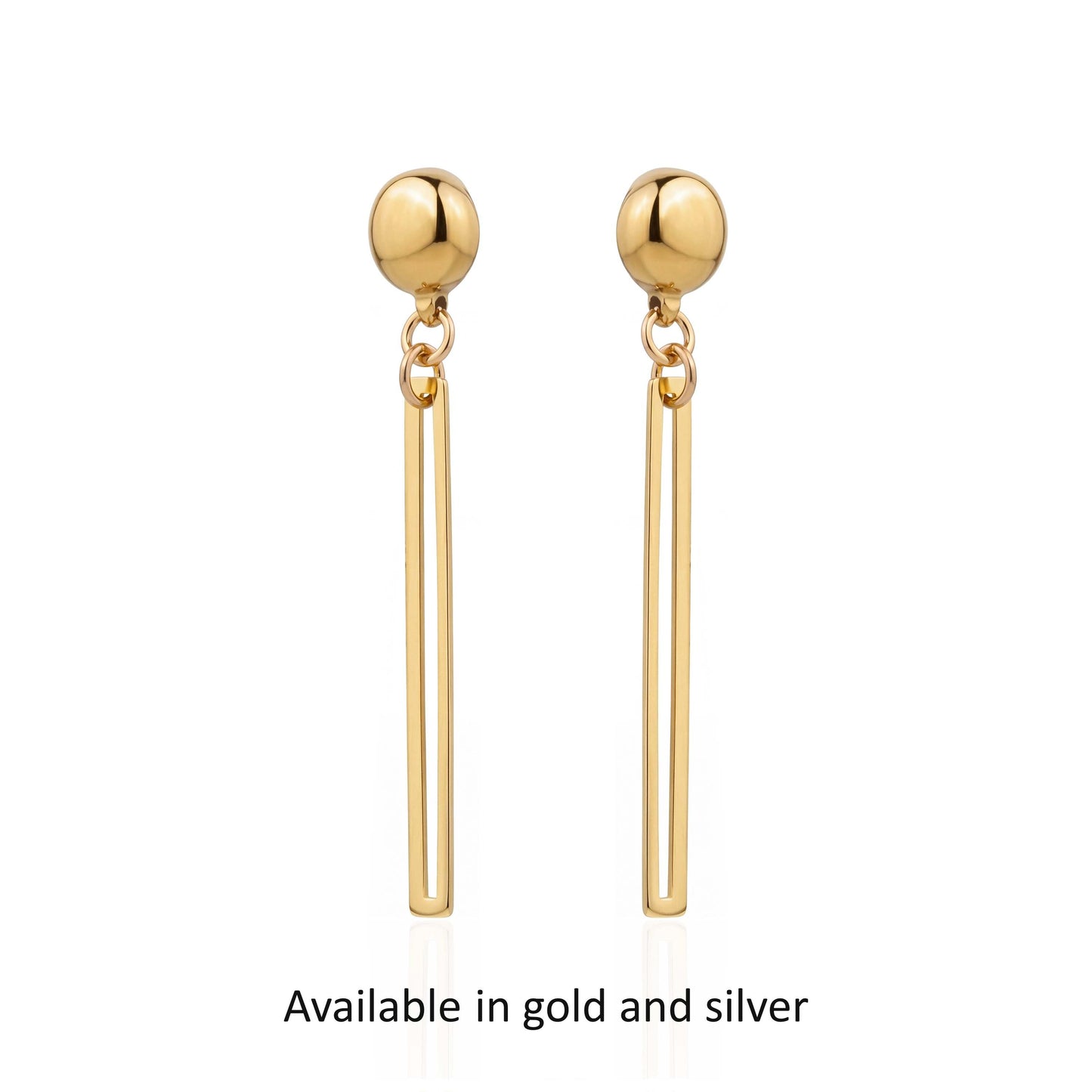 Silver and Gold narrow rectangular loop earring. Detachable earrings for a truly hypoallergenic jewellery on a white black background