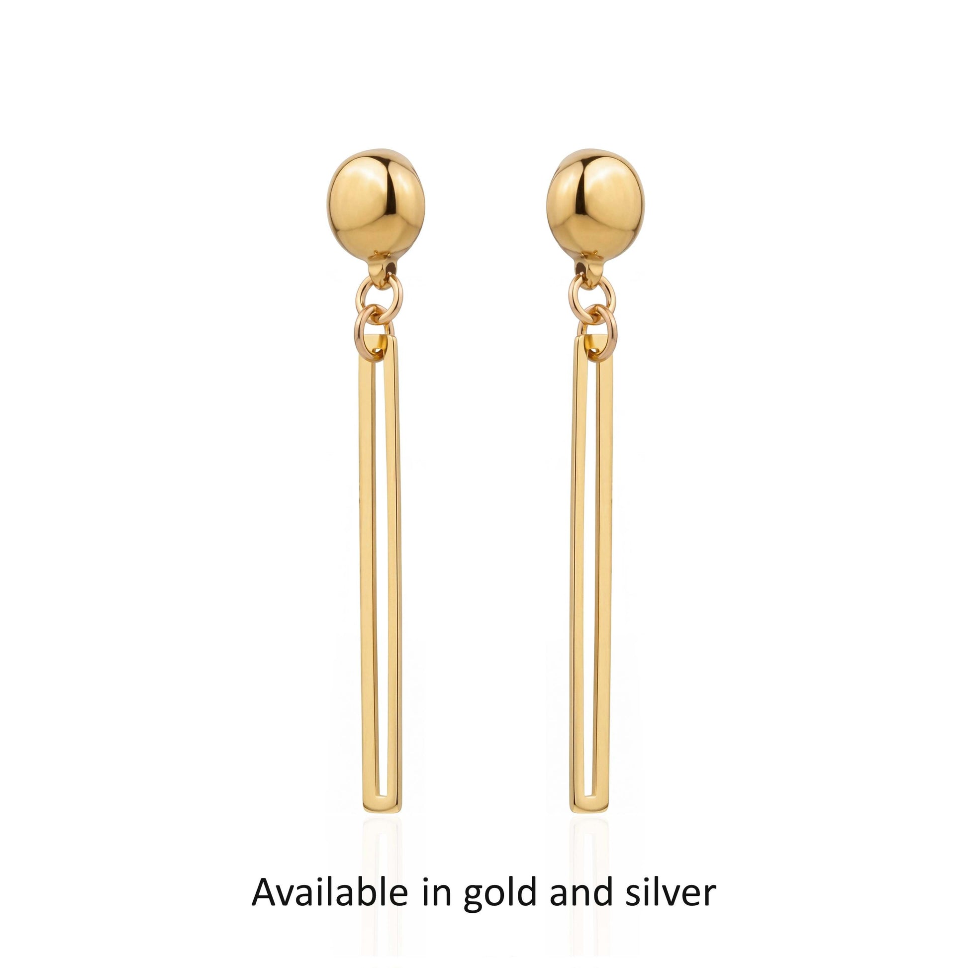 Silver and Gold narrow rectangular loop earring. Detachable earrings for a truly hypoallergenic jewellery on a white black background