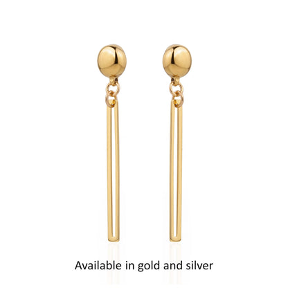 Silver and Gold narrow rectangular loop earring. Detachable earrings for a truly hypoallergenic jewellery on a white black background