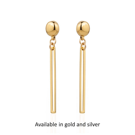 Silver and Gold narrow rectangular loop earring. Detachable earrings for a truly hypoallergenic jewellery on a white black background