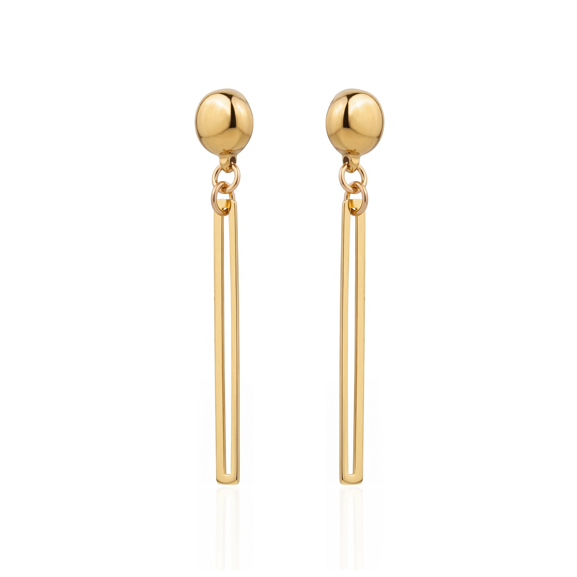 TI-GO Gold narrow rectangular loop earring. Detachable earrings for a truly hypoallergenic jewellery on a white background