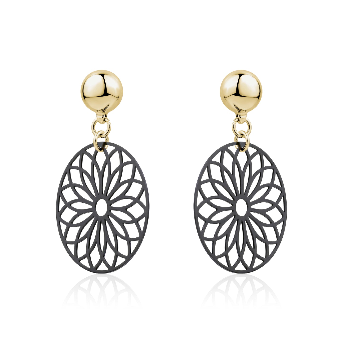 TI-GO Black Flower Wheel Earrings. Magnetic titanium interchangeable earring system for a truly hypoallergenic jewellery on a white background