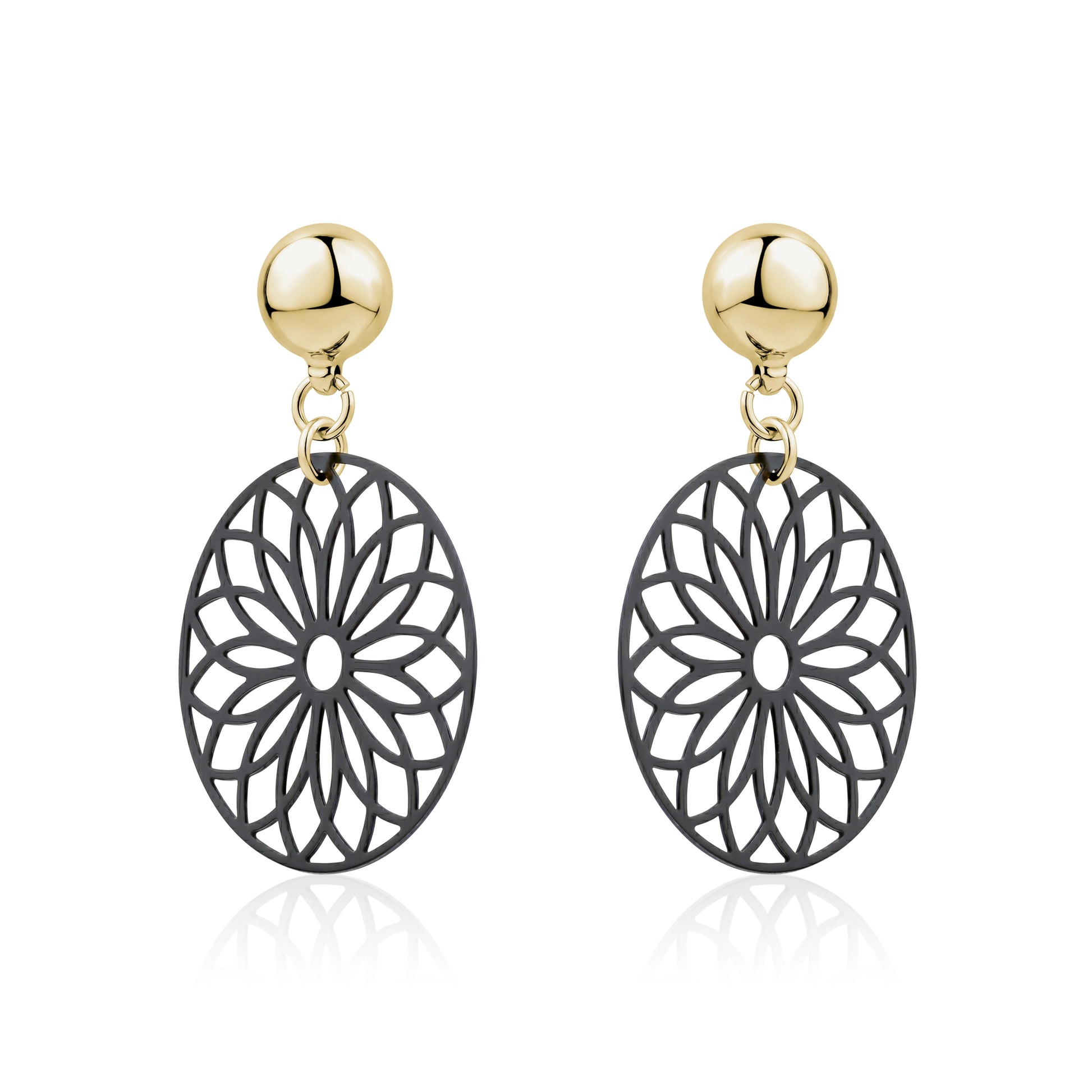 TI-GO Black Flower Wheel Earrings. Magnetic titanium interchangeable earring system for a truly hypoallergenic jewellery on a white background