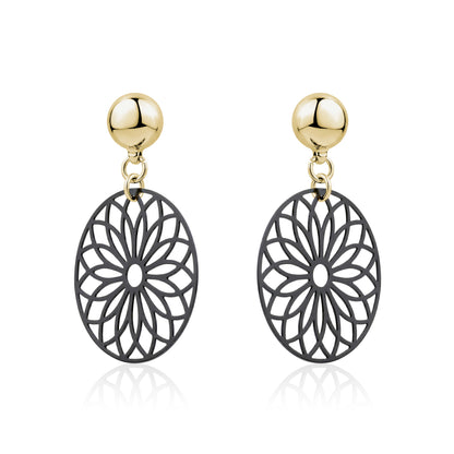TI-GO Black Flower Wheel Earrings. Magnetic titanium interchangeable earring system for a truly hypoallergenic jewellery on a white background