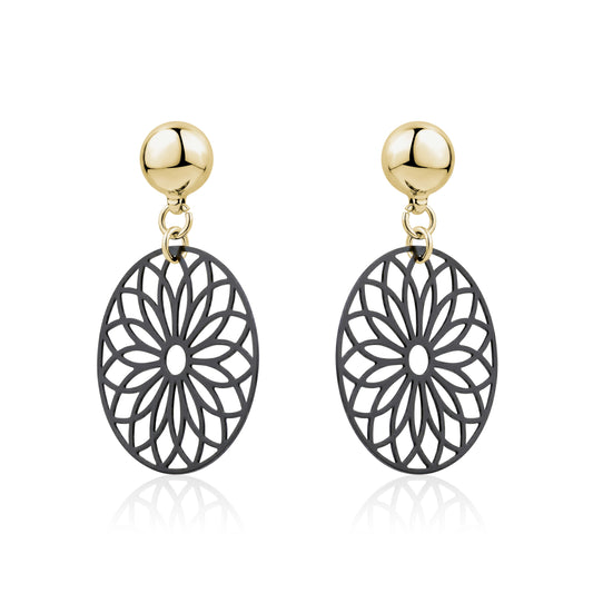 TI-GO Black Flower Wheel Earrings. Magnetic titanium interchangeable earring system for a truly hypoallergenic jewellery on a white background