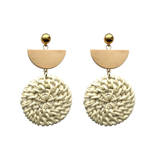 Bohemia white wicker wood magnetic earring on white back ground