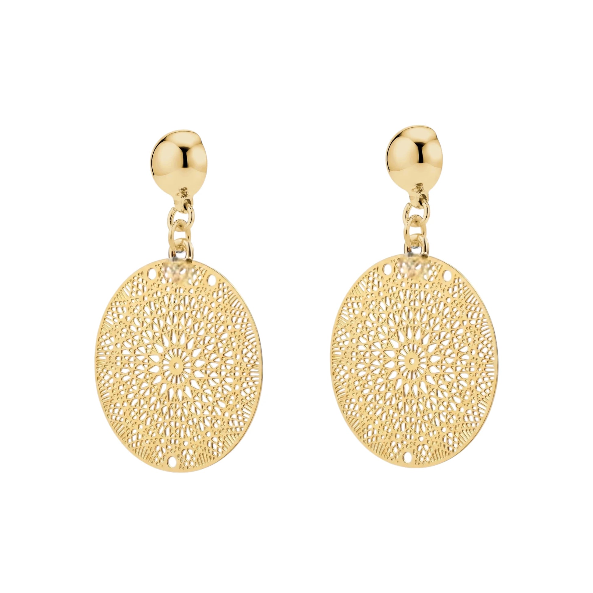 Titanium interchangeable magnetic gold  disc earrings with intricate designs on a white background
