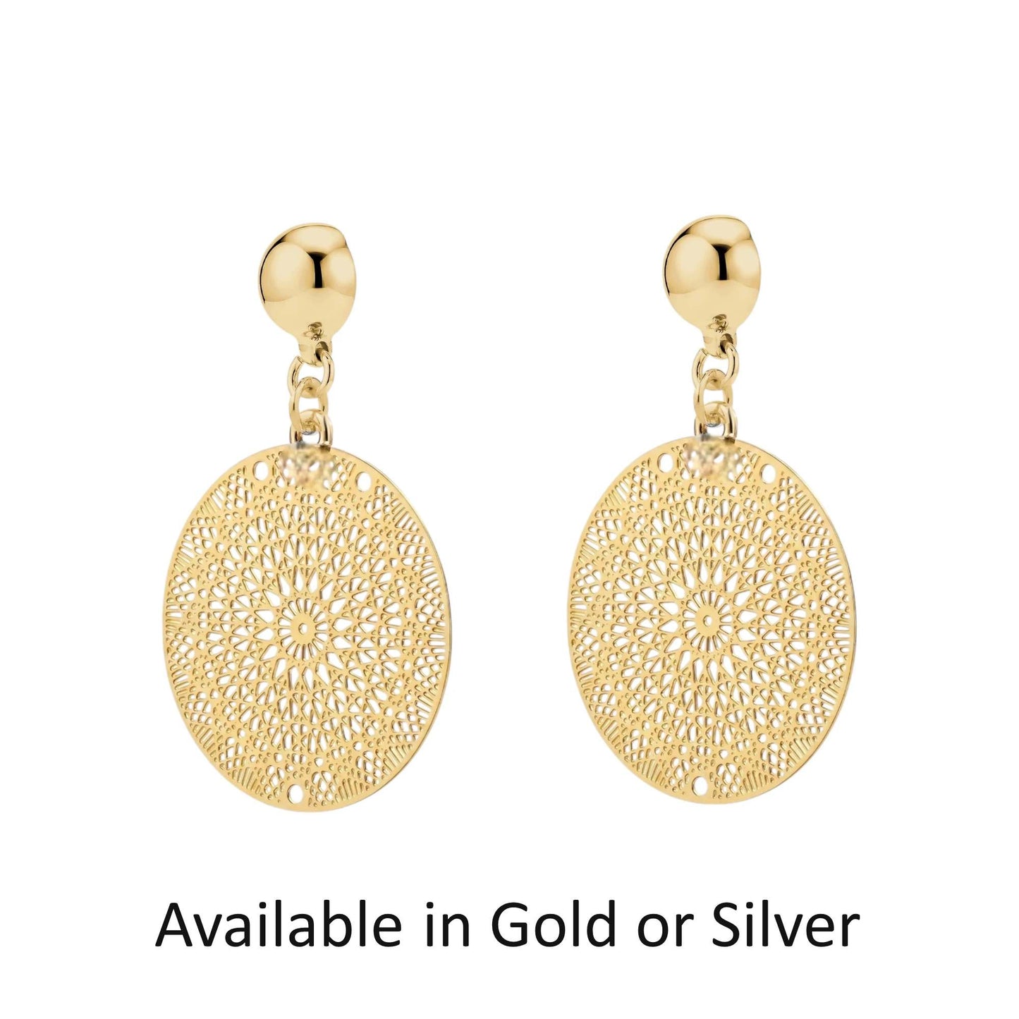 Titanium interchangeable magnetic gold or silver disc earrings with intricate designs on a white background