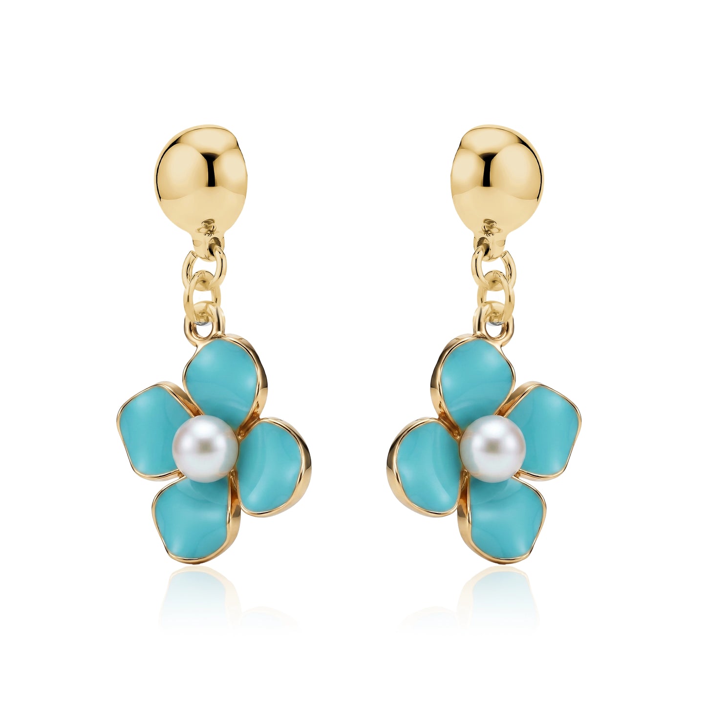 Pair of interchangeable titanium blue flower earrings with gold accents on a white background