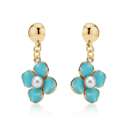 Pair of interchangeable titanium blue flower earrings with gold accents on a white background