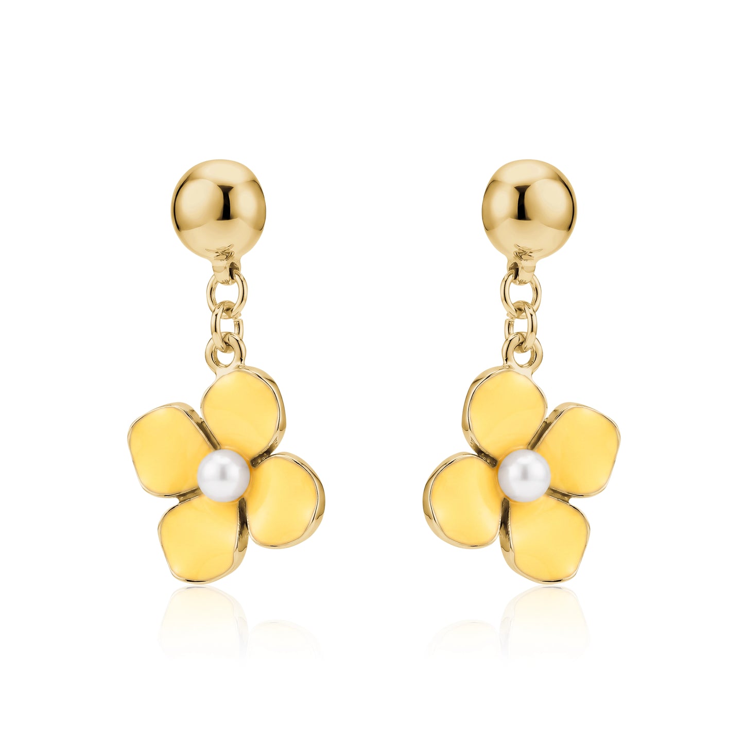 Pair of interchangeable titanium yellow flower earrings with gold accents on a white background