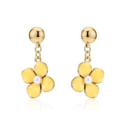 Pair of interchangeable titanium yellow flower earrings with gold accents on a white background