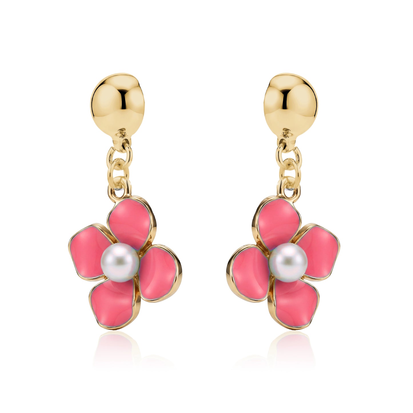 Pair of interchangeable titanium rose pink flower earrings with gold accents on a white background