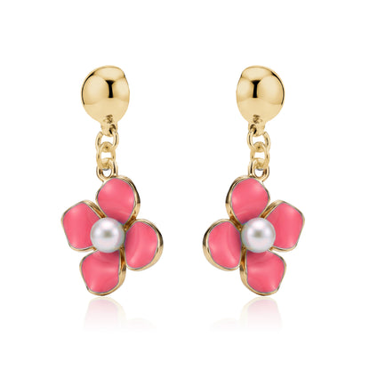 Pair of interchangeable titanium rose pink flower earrings with gold accents on a white background