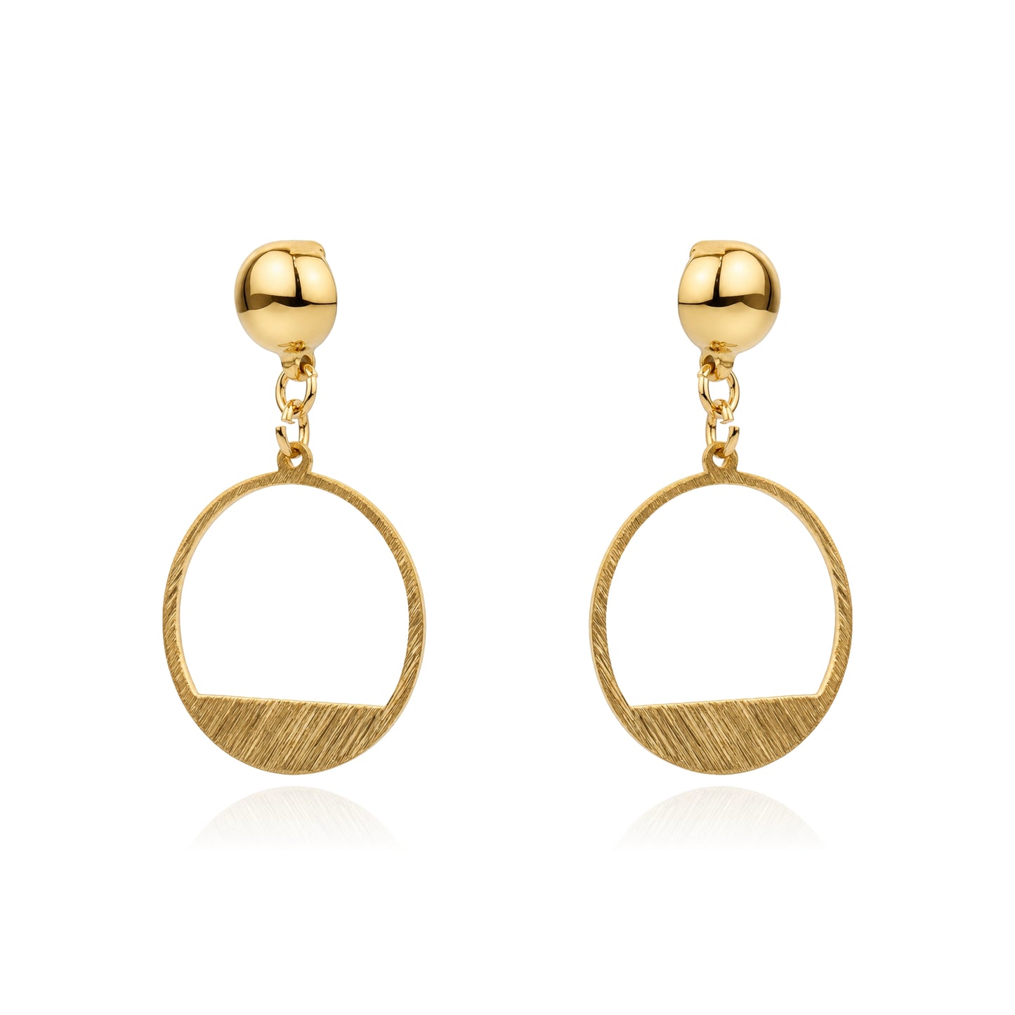A pair of gold interchangeable magnetic dangle earrings with a textured open oval design and a polished ball stud, shown on a clean white background with a soft reflection.