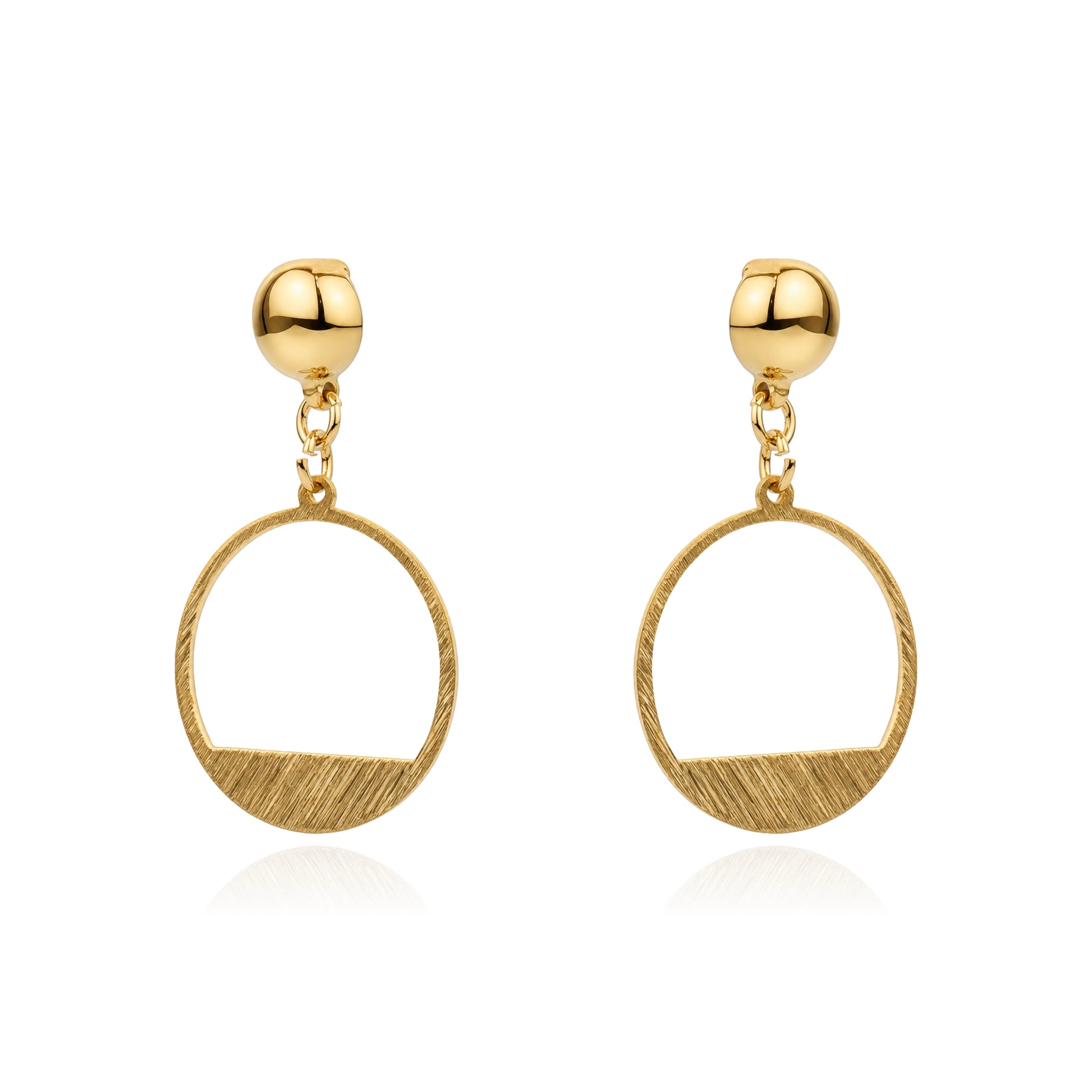 A pair of gold interchangeable magnetic dangle earrings with a textured open oval design and a polished ball stud, shown on a clean white background with a soft reflection.