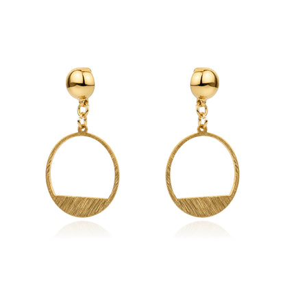 A pair of gold interchangeable magnetic dangle earrings with a textured open oval design and a polished ball stud, shown on a clean white background with a soft reflection.