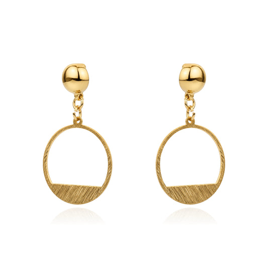 A pair of gold interchangeable magnetic dangle earrings with a textured open oval design and a polished ball stud, shown on a clean white background with a soft reflection.