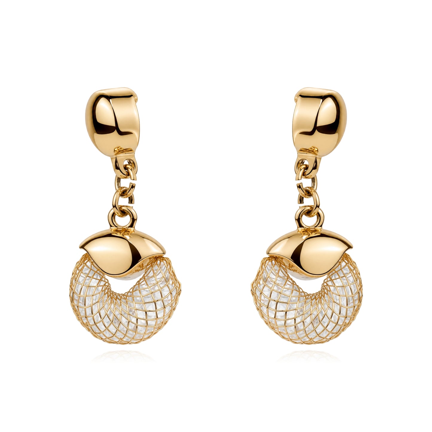 Enmeshed gold earrings. Magnetic titanium interchangeable earring system. Detachable earrings for a truly hypoallergenic jewellery on a white background