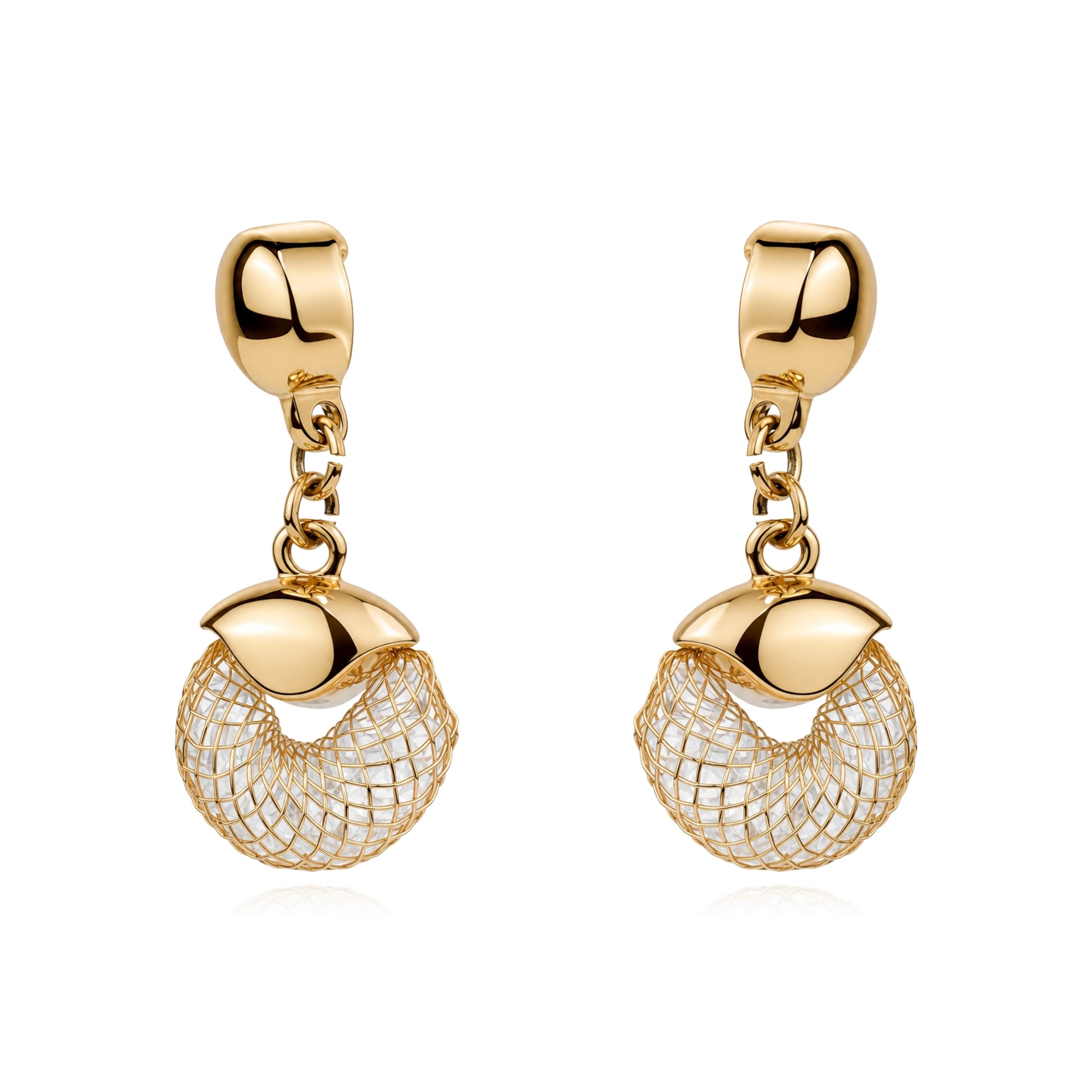 Enmeshed gold earrings. Magnetic titanium interchangeable earring system. Detachable earrings for a truly hypoallergenic jewellery on a white background