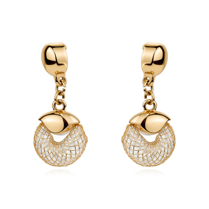 Enmeshed gold earrings. Magnetic titanium interchangeable earring system. Detachable earrings for a truly hypoallergenic jewellery on a white background