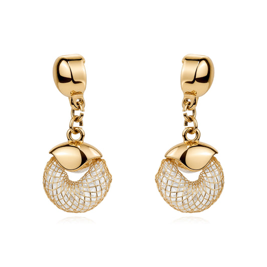 Enmeshed gold earrings. Magnetic titanium interchangeable earring system. Detachable earrings for a truly hypoallergenic jewellery on a white background