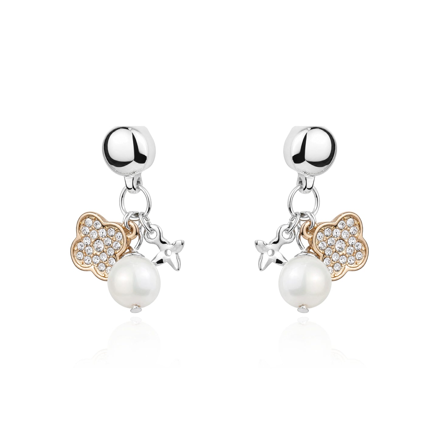 Magnetic Cute pearl and hanging golden gems interchangeable earrings on a white background