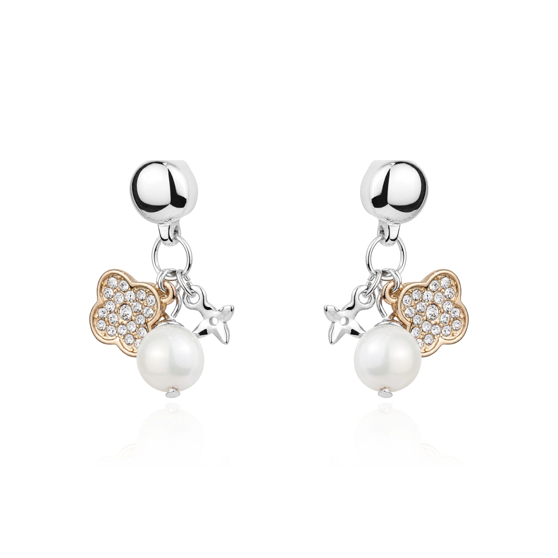 Magnetic Cute pearl and hanging golden gems interchangeable earrings on a white background