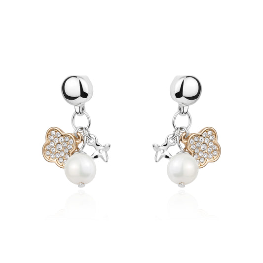 Magnetic Cute pearl and hanging golden gems interchangeable earrings on a white background