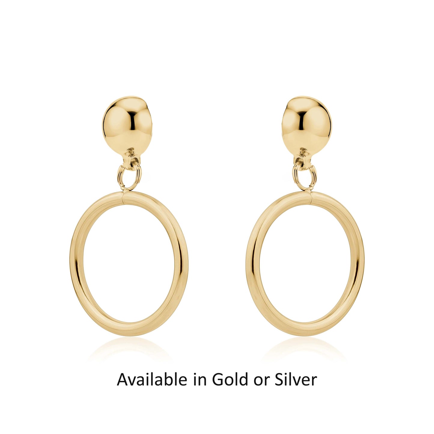 Hypoallergenic Gold or silver 20 mm hoops titanium interchangeable earring system on a white background