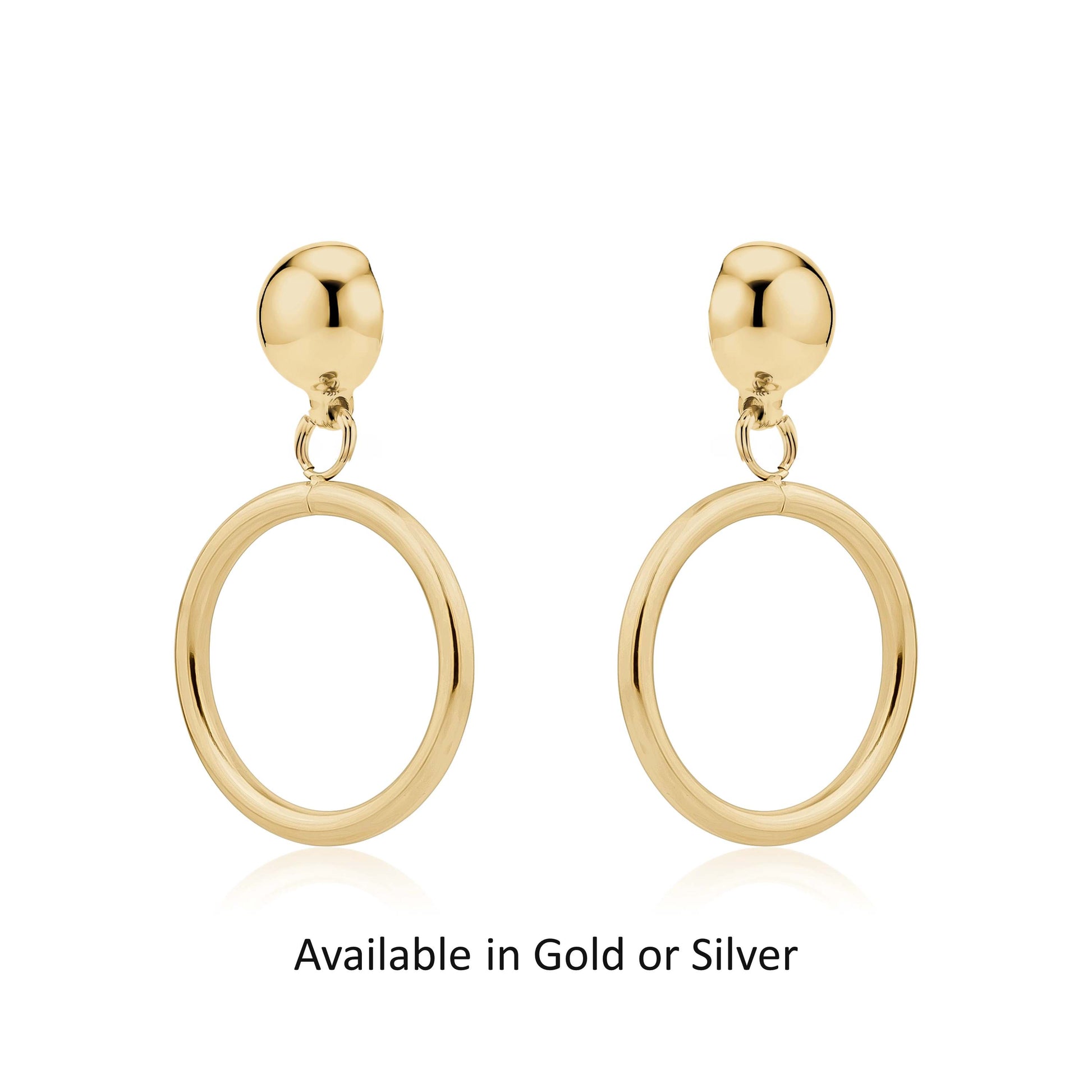 Hypoallergenic Gold or silver 20 mm hoops titanium interchangeable earring system on a white background