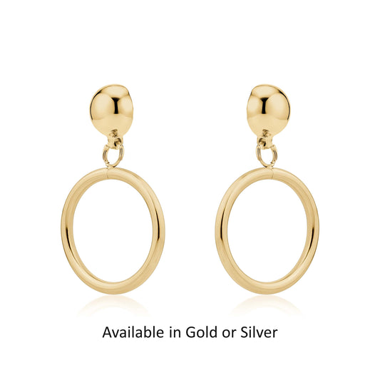 Hypoallergenic Gold or silver 20 mm hoops titanium interchangeable earring system on a white background