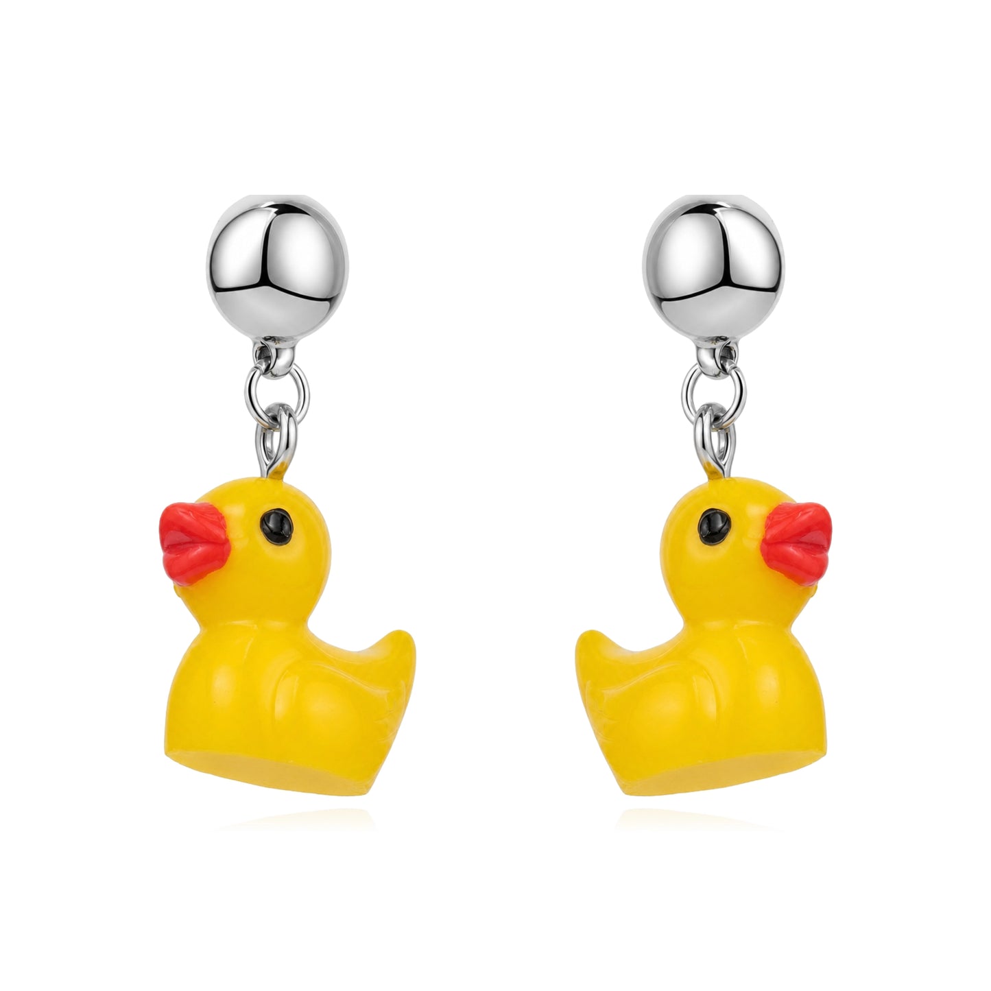A pair of yellow rubber duck dangle magnetic interchangeable earrings with shiny silver ball studs and red beaks, shown on a clean white background.