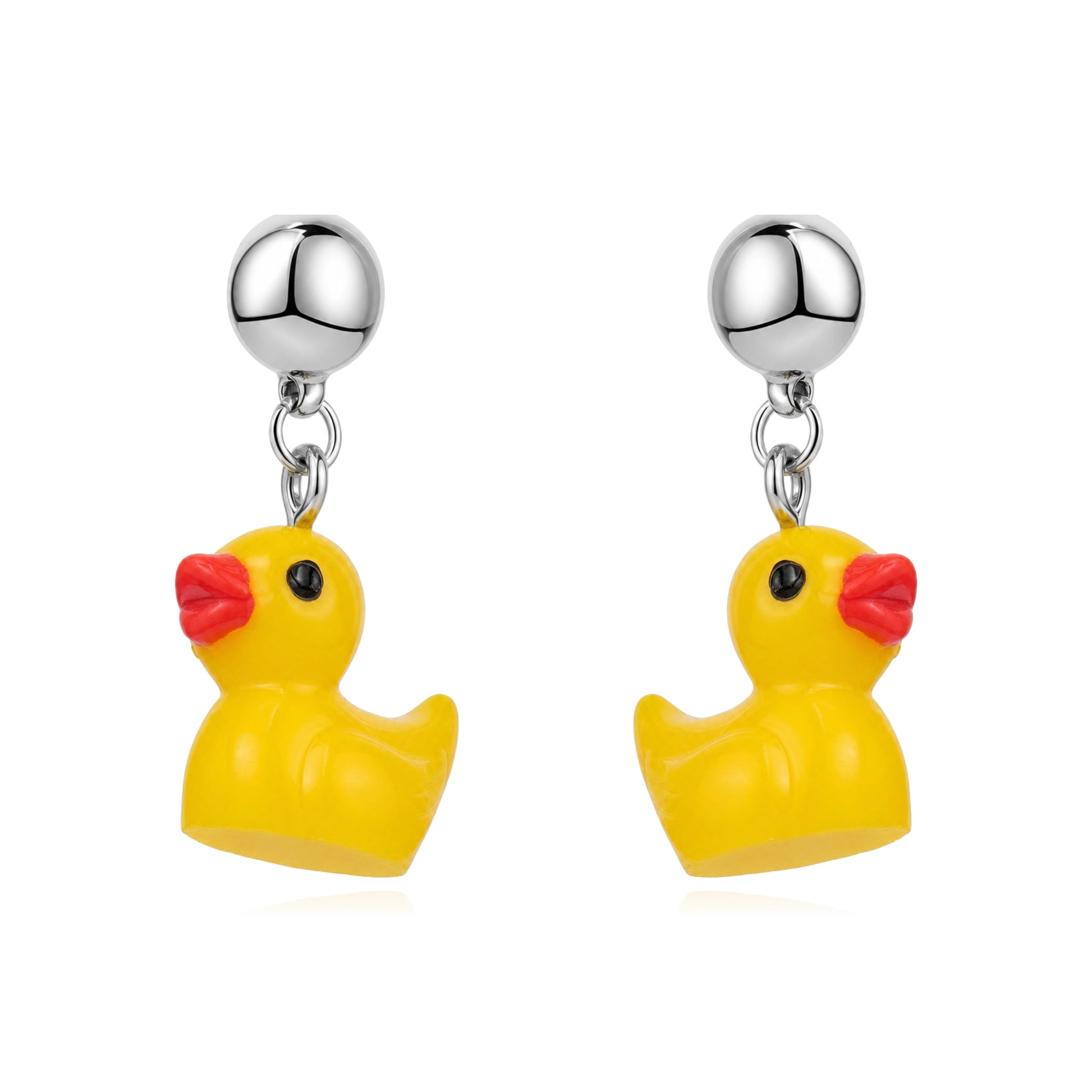 A pair of yellow rubber duck dangle magnetic interchangeable earrings with shiny silver ball studs and red beaks, shown on a clean white background.