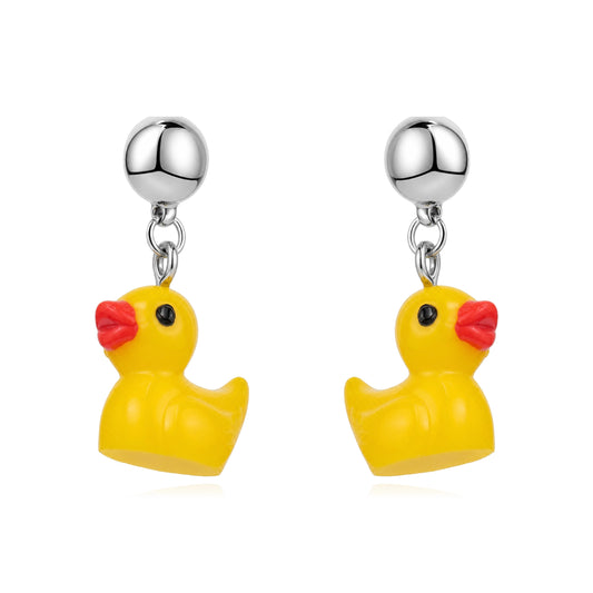 A pair of yellow rubber duck dangle magnetic interchangeable earrings with shiny silver ball studs and red beaks, shown on a clean white background.