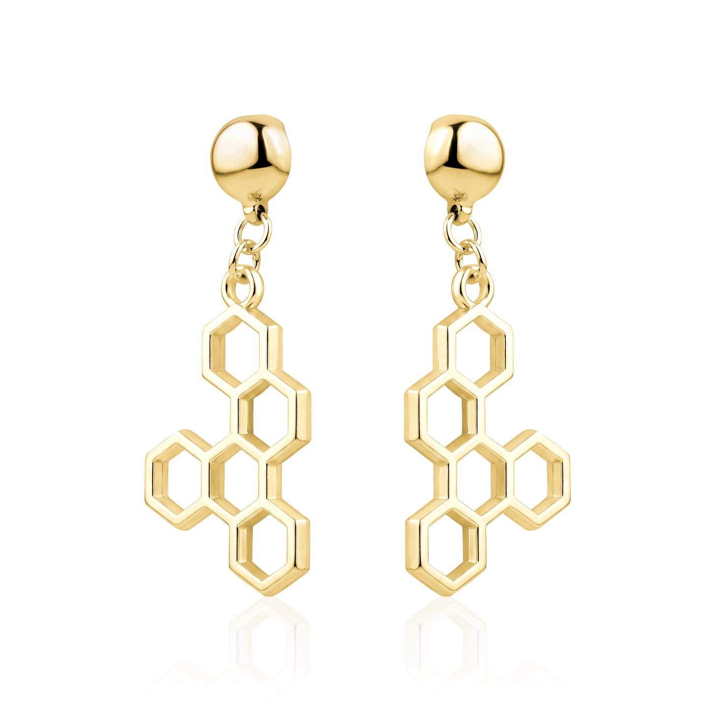 Honeycomb gold earring. Detachable earrings for a truly hypoallergenic jewellery on a white background