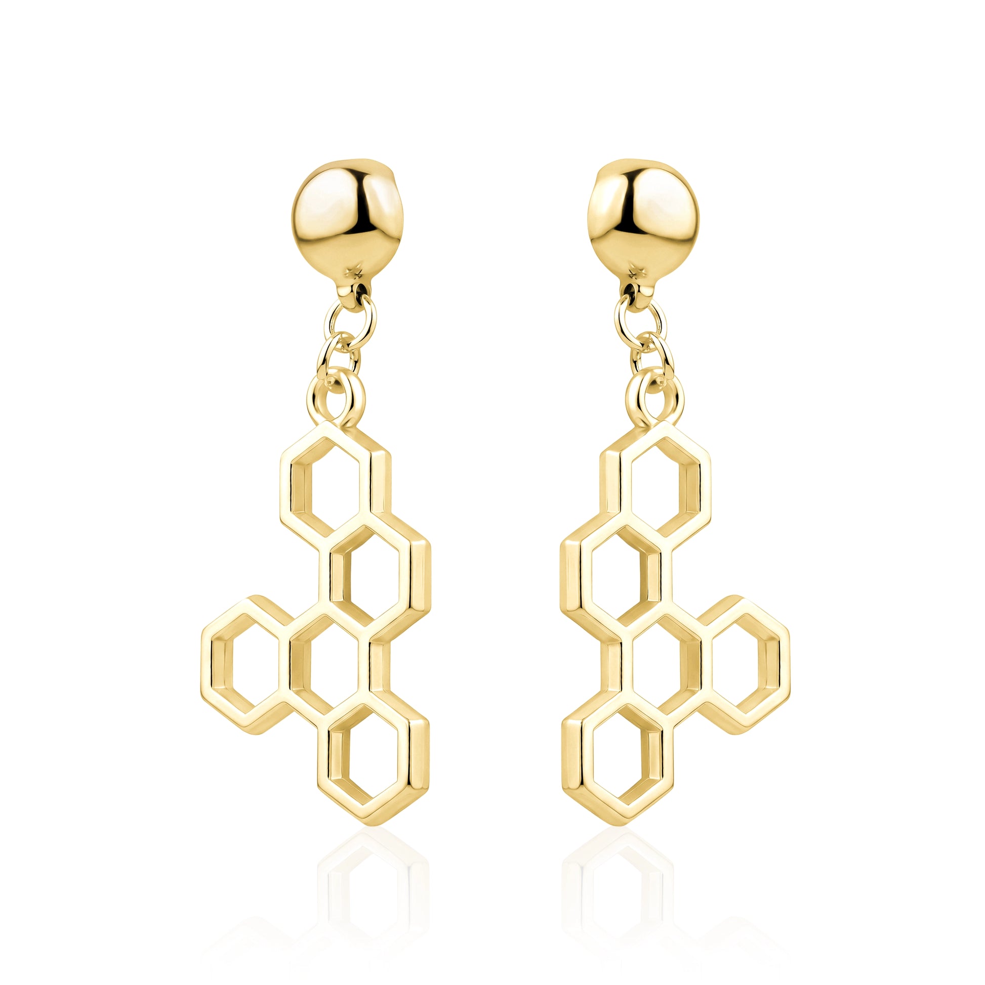 Honeycomb gold earring. Detachable earrings for a truly hypoallergenic jewellery on a white background