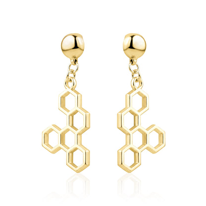 Honeycomb gold earring. Detachable earrings for a truly hypoallergenic jewellery on a white background