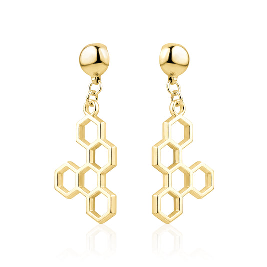 Honeycomb gold earring. Detachable earrings for a truly hypoallergenic jewellery on a white background