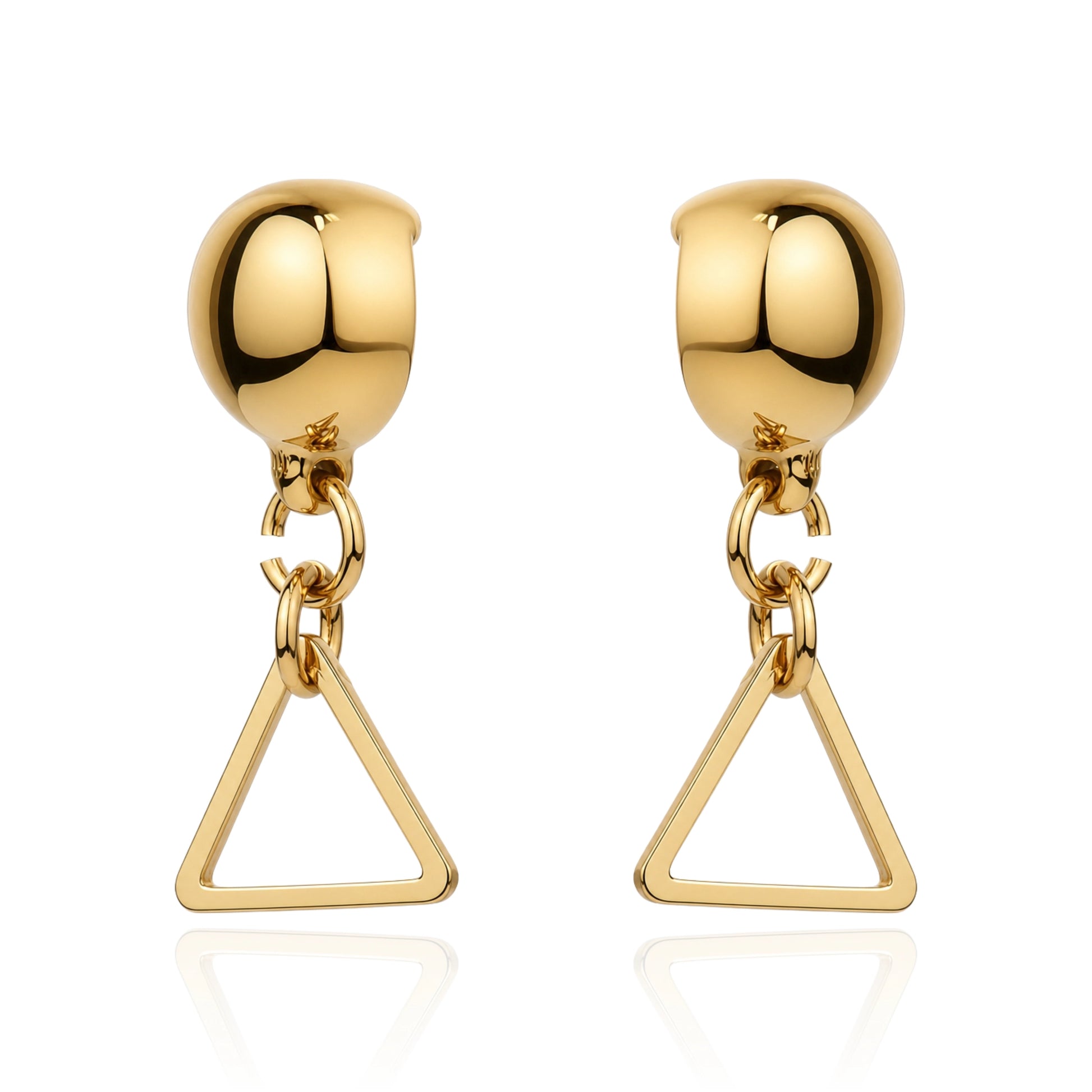 Small gold triangle earring. Detachable earrings for a truly hypoallergenic jewellery on a white background