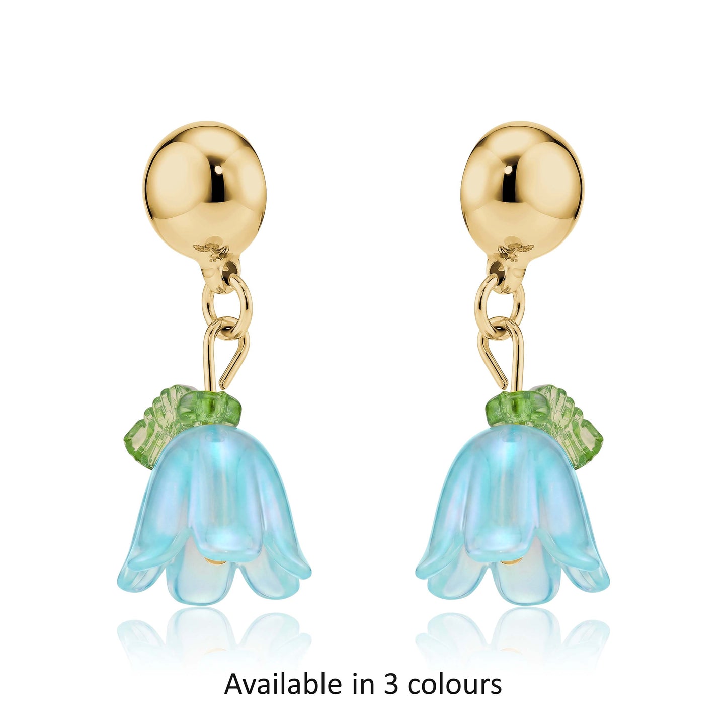 Interchangeable magnetic blue bell flower titanium earrings available in 3 colours on a white background