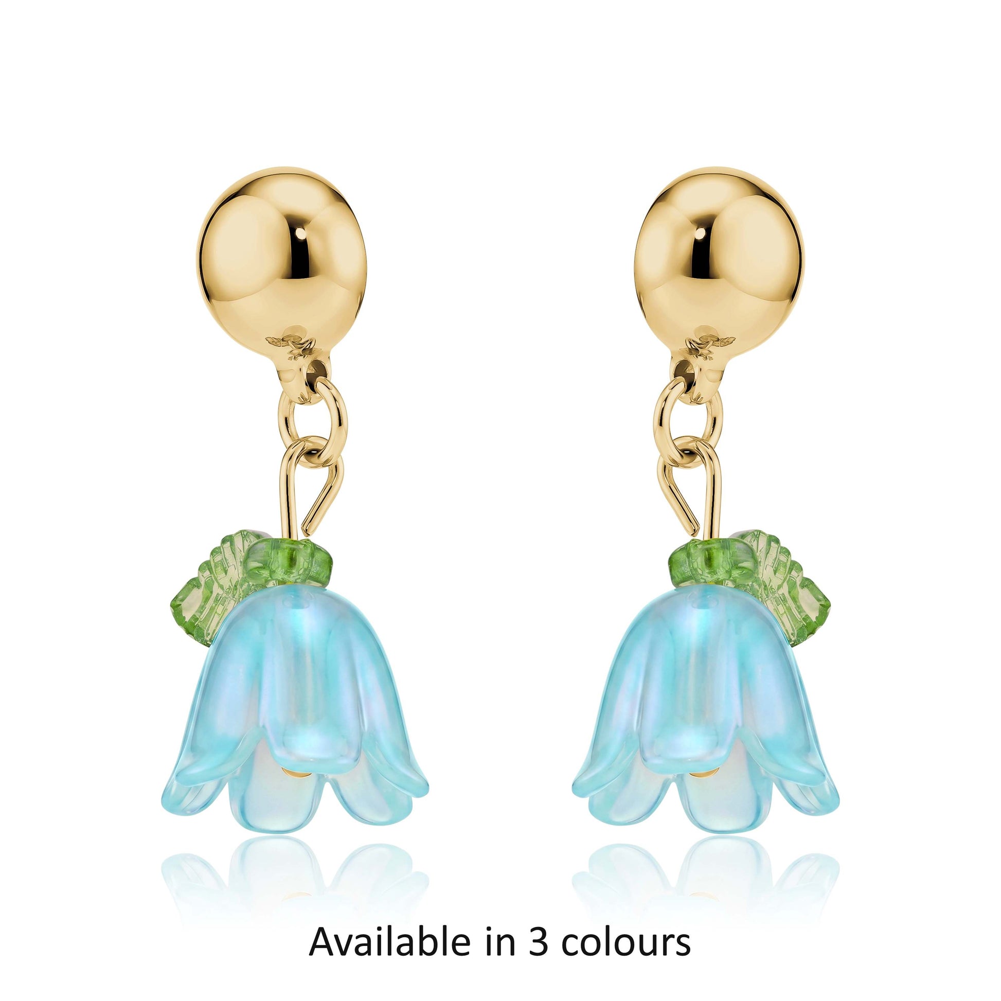 Interchangeable magnetic blue bell flower titanium earrings available in 3 colours on a white background
