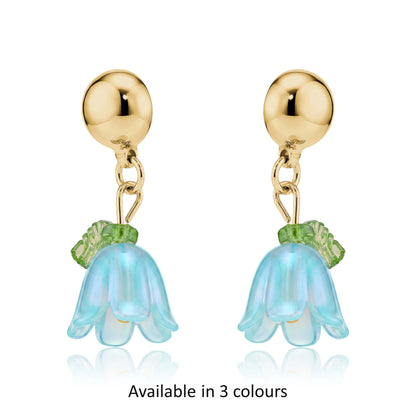 Interchangeable magnetic blue bell flower titanium earrings available in 3 colours on a white background