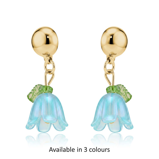 Interchangeable magnetic blue bell flower titanium earrings available in 3 colours on a white background