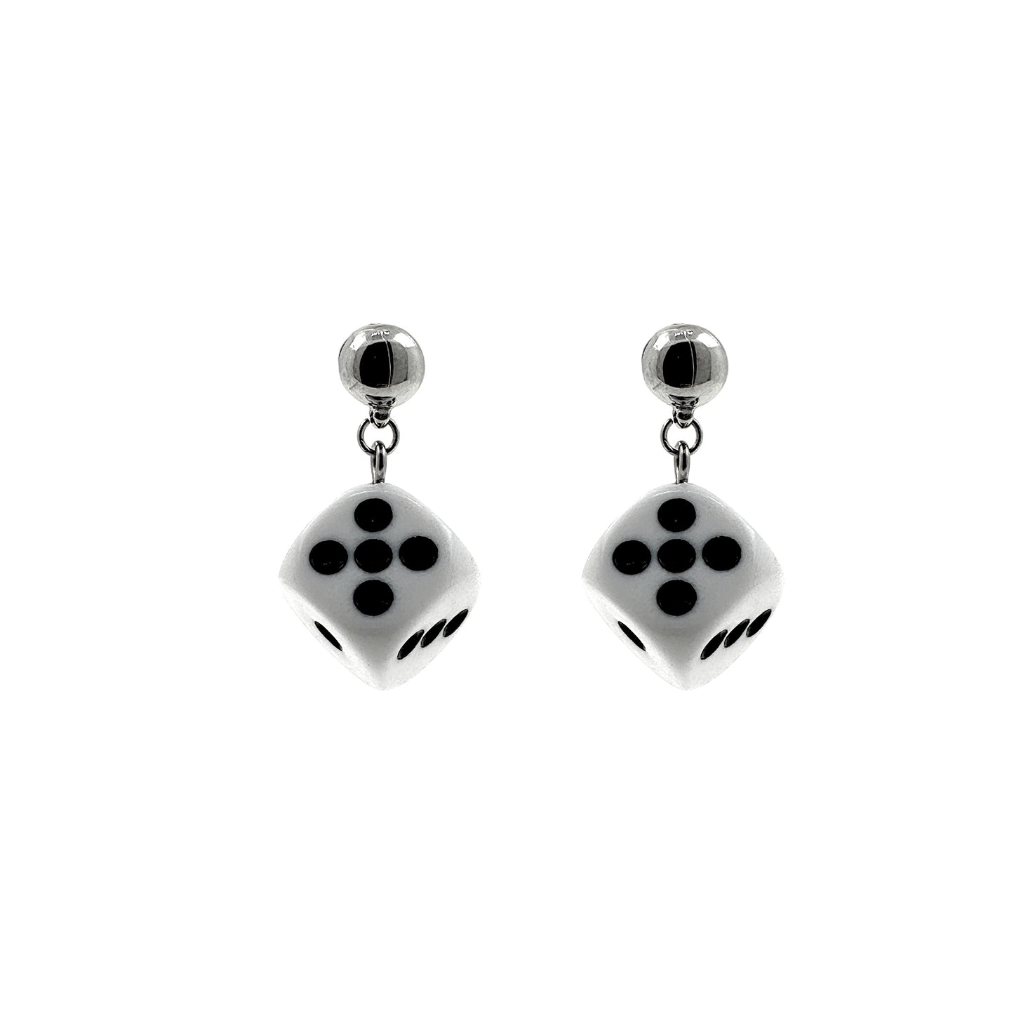 Silver Dice earrings with a titanium magnetic stud on a white background