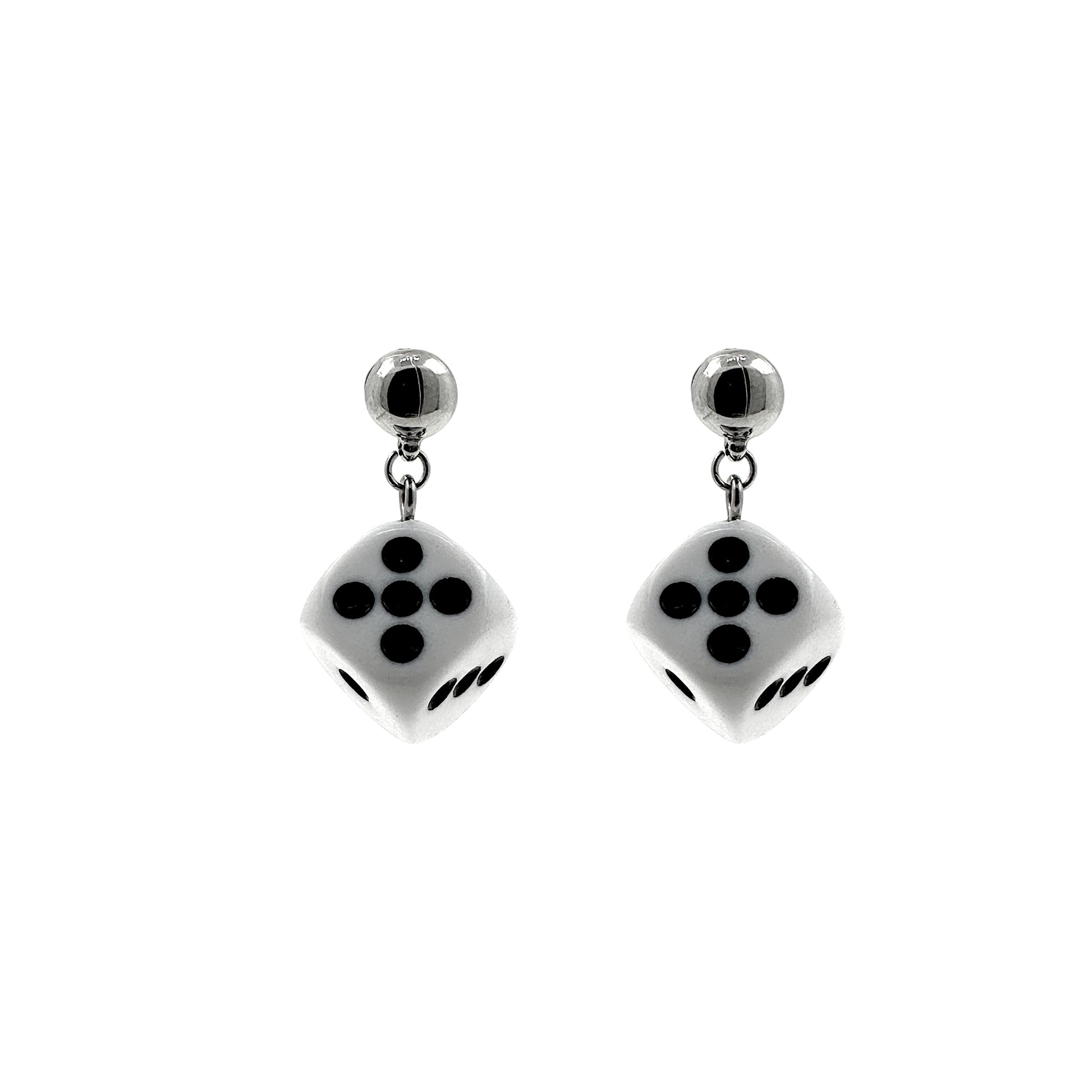 Silver Dice earrings with a titanium magnetic stud on a white background