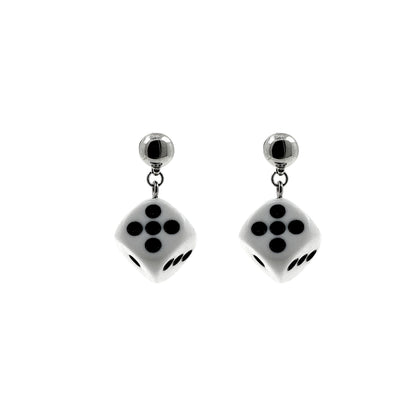 Silver Dice earrings with a titanium magnetic stud on a white background
