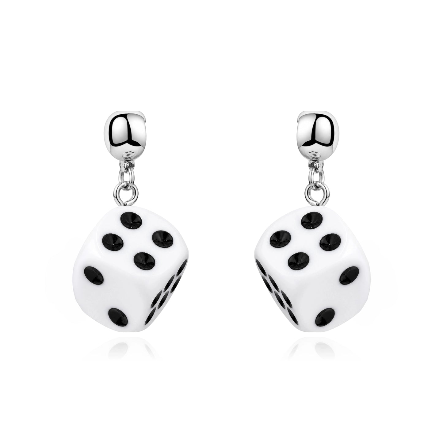 A pair of interchangeable magnetic silver dangling earrings featuring white dice charms with black printed dots, shown on a clean white background.